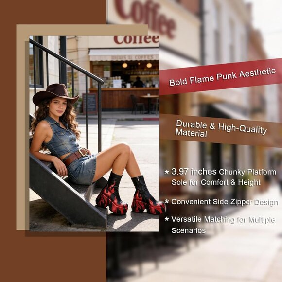 Women's Red Flame Printing Chunky Sole Ankle High Zipper Closure Round Toe Boots - Picture 7 of 9